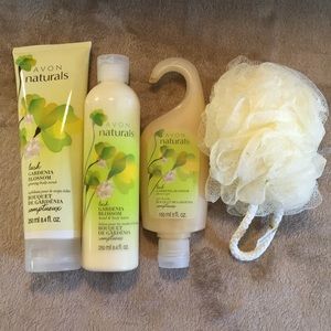 Avon Naturals Body Scrub, Hand and Body Lotion, Shower Gel and Bath Pouf
